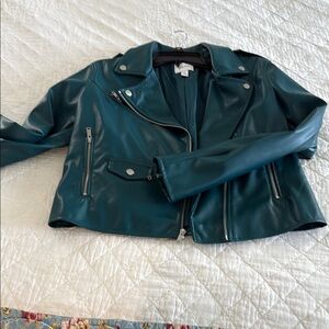 Nine West Green Leather Jacket Asymmetrical Zipper